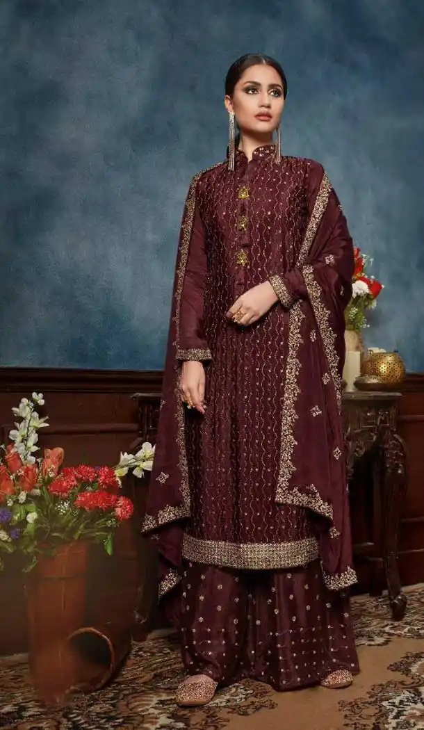 Maroon Color Chinnon Designer Party Wear Salwar Sharara Suit -9209109204
