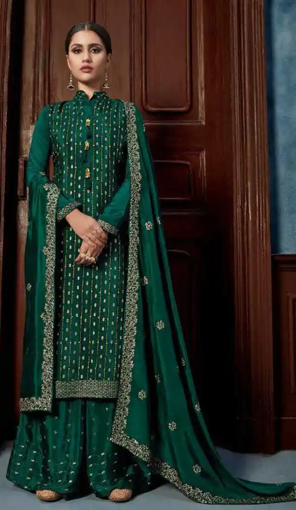 Classy Green Color Chinnon Designer Party Wear Salwar Sharara Suit -9209109205