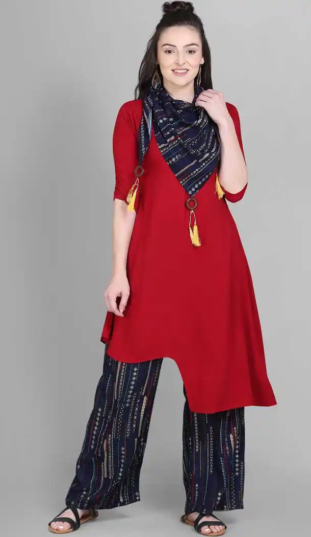 Red Color 100% Rayon Casual Wear Readymade Kurti Palazzo With Printed Scarf -9215109247