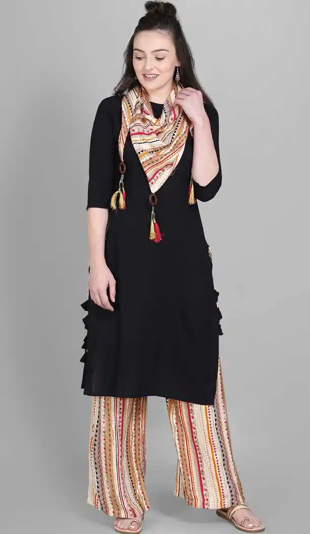Black Color 100% Rayon Casual Wear Readymade Kurti Palazzo With Printed Scarf -9215109248