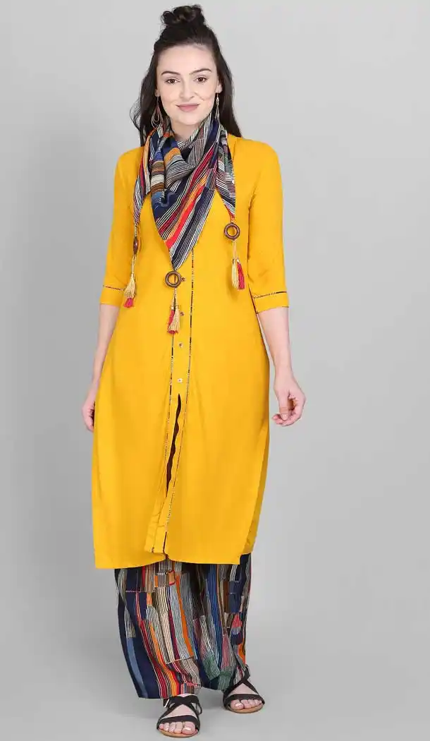 Yellow Color 100% Rayon Casual Wear Readymade Kurti Palazzo With Printed Scarf -9215109249