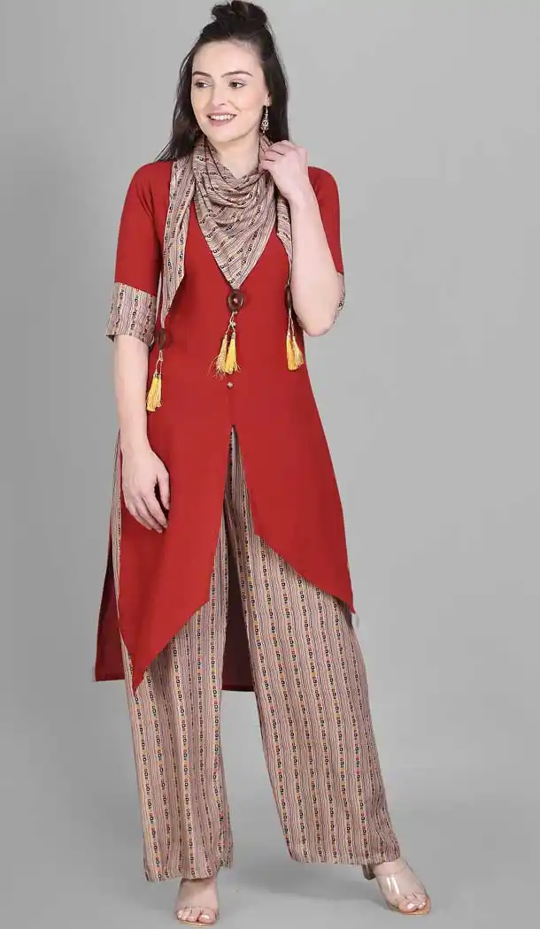 Magnificient Red Color 100% Rayon Casual Wear Readymade Kurti Palazzo With Printed Scarf -9215109250