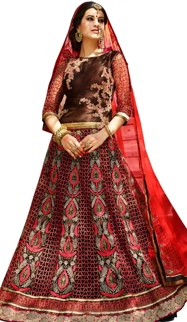 Brown And Red Color Raw Silk Heavy Designer Wedding Wear Lehenga Choli -9216109251