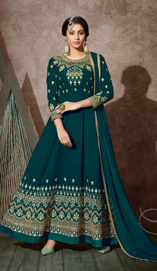 Teal Blue Color Georgette Designer Party Wear Full Length Aanarkali Suit -9221109322