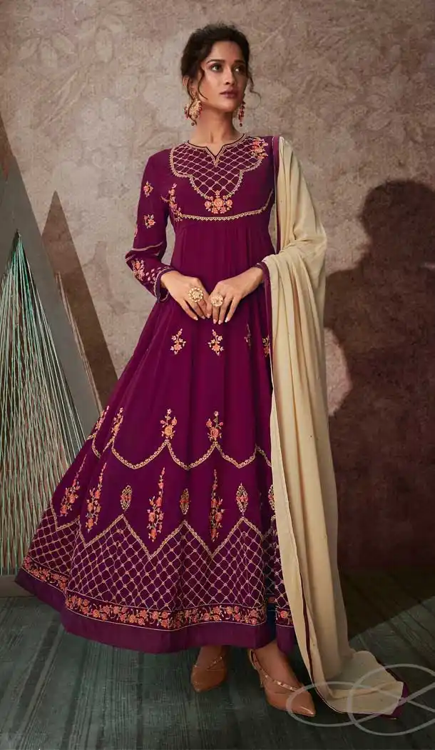 Wine Color Georgette Designer Party Wear Full Length Aanarkali Suit -9221109324