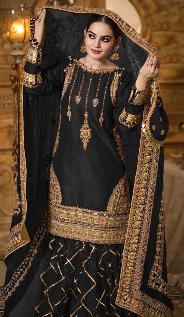 Black Color Heavy Georgette Designer Party Wear Sharara Salwar Suit -9225109347