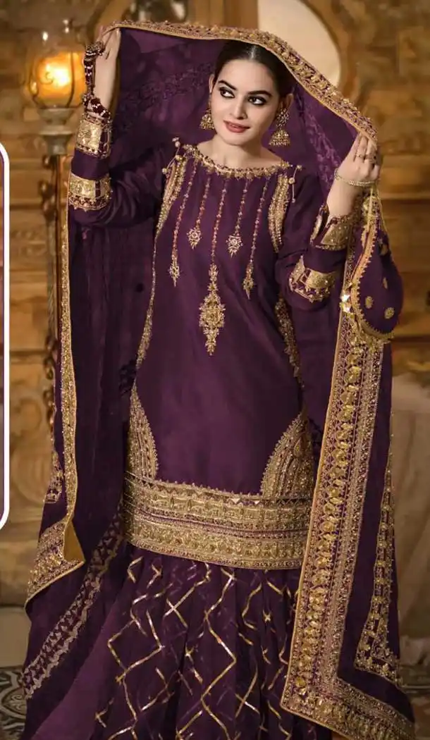 Purple Color Heavy Georgette Designer Party Wear Sharara Salwar Suit -9225109349