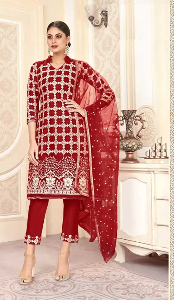 Captivating Red Color Butter Fly Net Designer Party Wear Plus Size Salwar Suit -9226109351