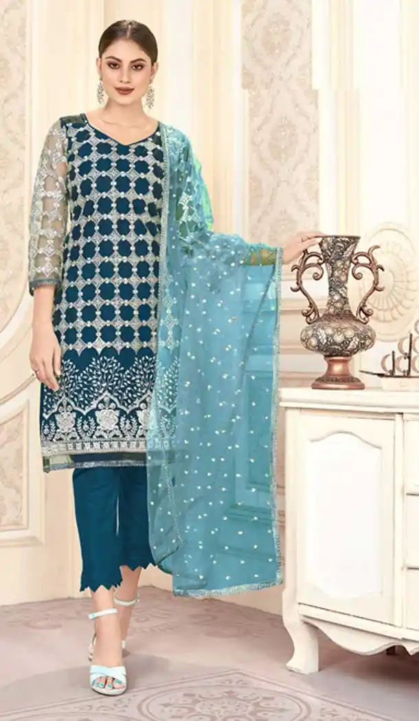 Blue Color Butter Fly Net Designer Party Wear Plus Size Salwar Suit -9226109353