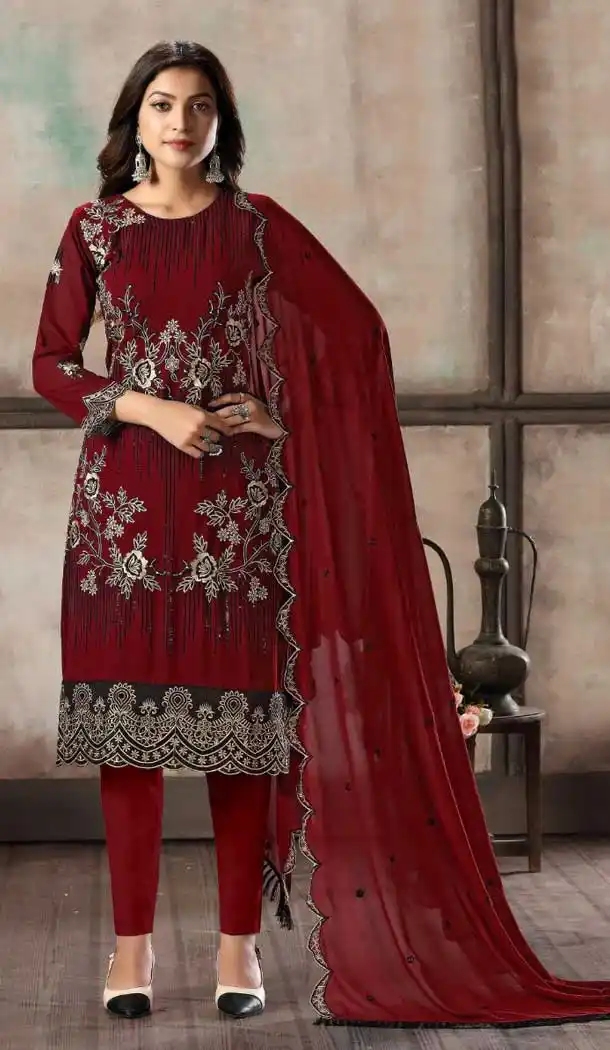 Adorable Red Color Foux Georgette Party Wear Churidar Salwar Suit -9228109375