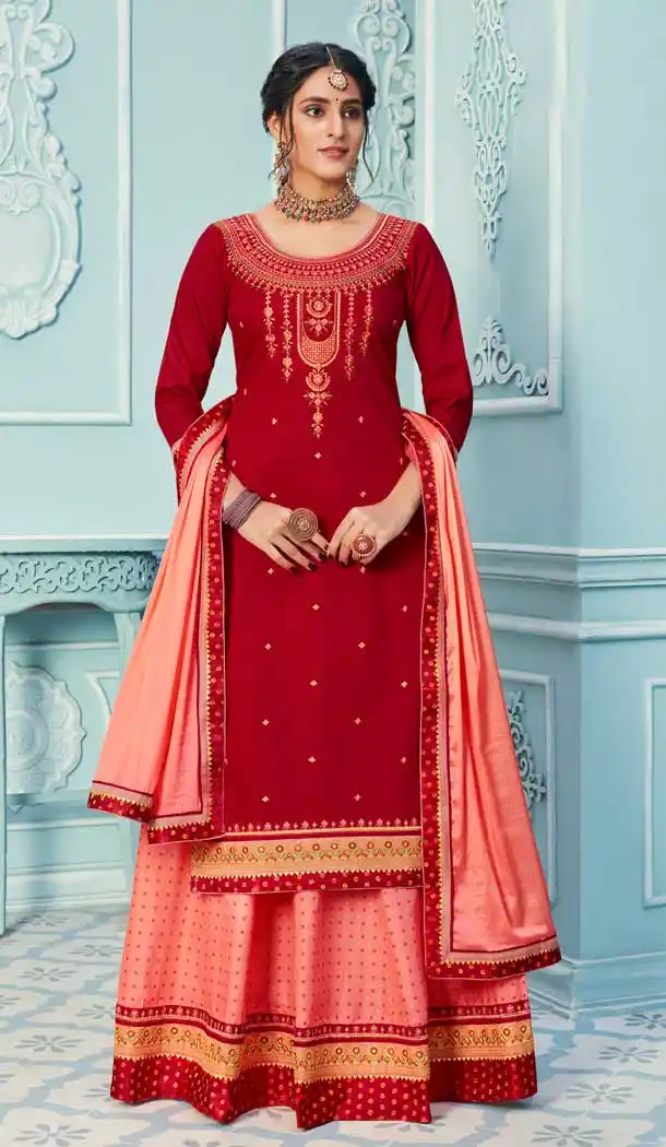 Splendorous Red Color Jam Silk Color Heavy Designer Party Wear Lehenga Suit -9230109382