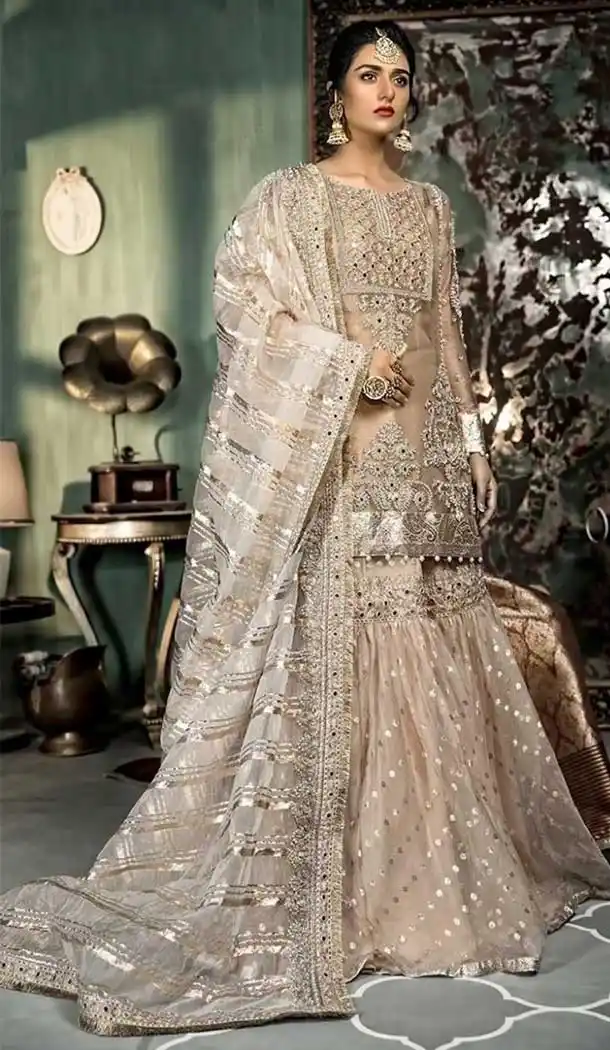 Beige Color Butter Fly Net Designer Party Wear Pakistani Style Salwar Suit -9234109395