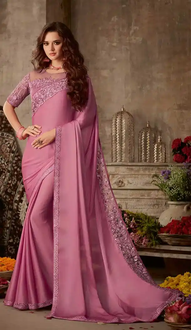 Rose Pink Color Miracle Silk Designer Party Wear Saree Blouse -9236109400