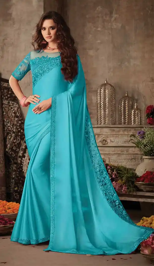 Sky Blue Color Miracle Silk Designer Party Wear Saree Blouse -9236109401
