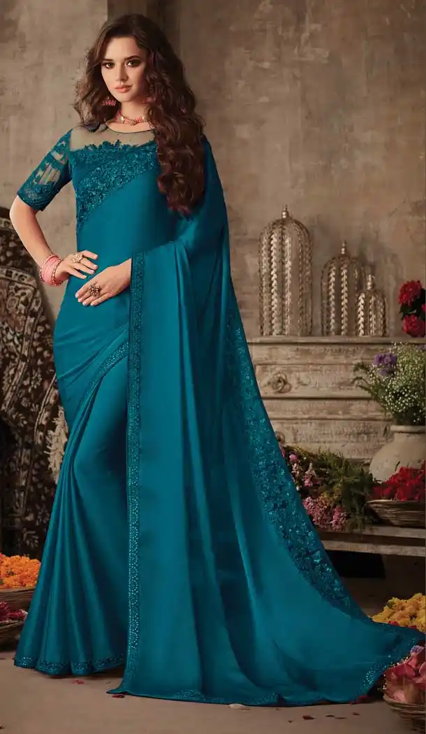 Teal Blue Color Miracle Silk Designer Party Wear Saree Blouse -9236109402