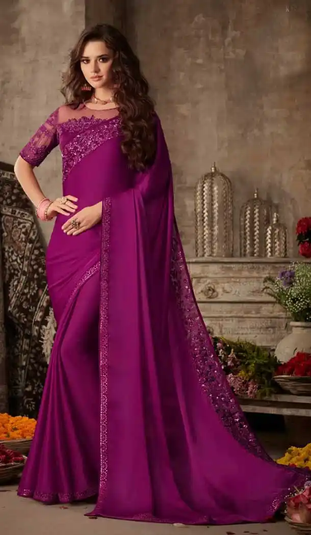 Fancy Violet Color Miracle Silk Designer Party Wear Saree Blouse -9236109403