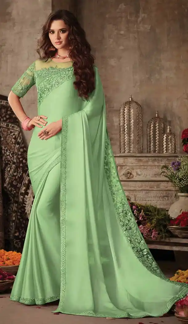 Pista Green Color Miracle Silk Designer Party Wear Saree Blouse -9236109404