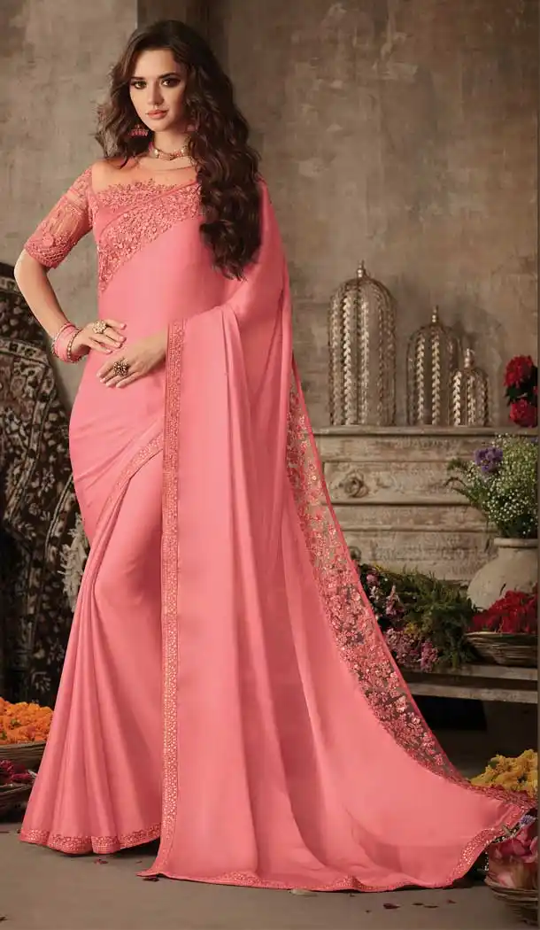 Peach Pink Color Miracle Silk Designer Party Wear Saree Blouse -9236109405