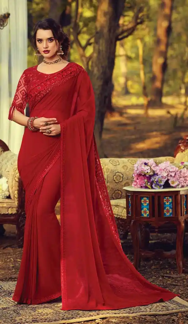 Attractive Red Color Kasab Georgette Designer Party Wear Saree Blouse -9237109407