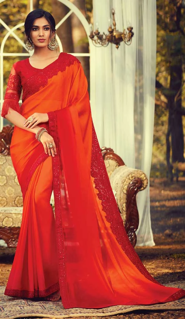 Orange Color Burberry Silk Designer Party Wear Saree Blouse -9237109411
