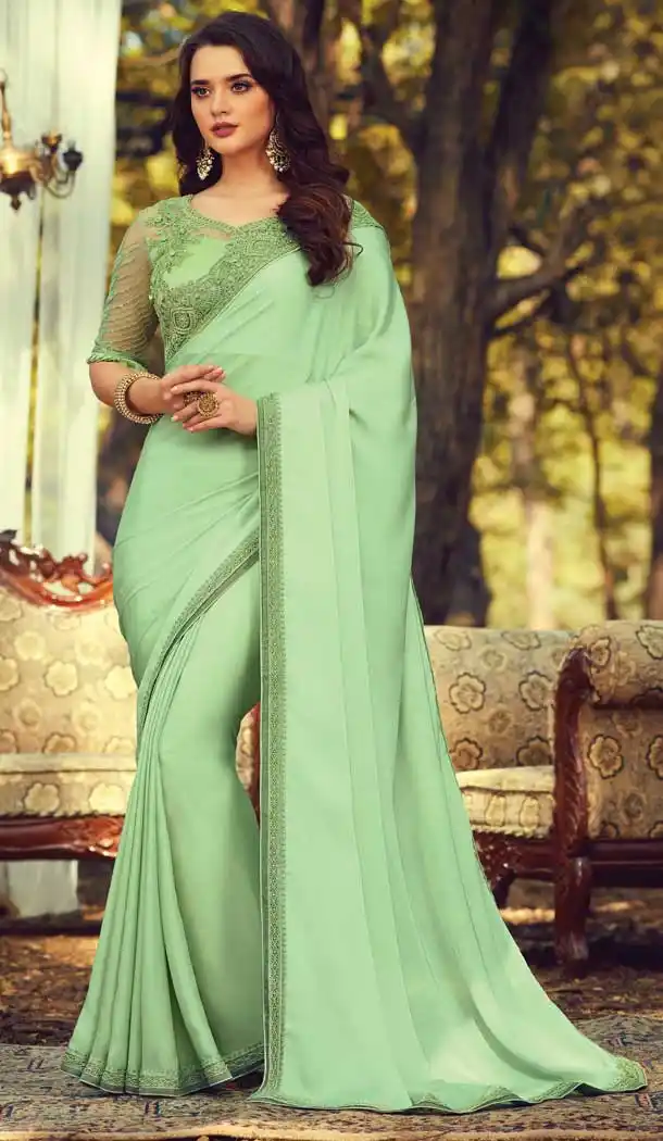 Pista Color Sunlight Silk Designer Party Wear Saree Blouse -9237109412