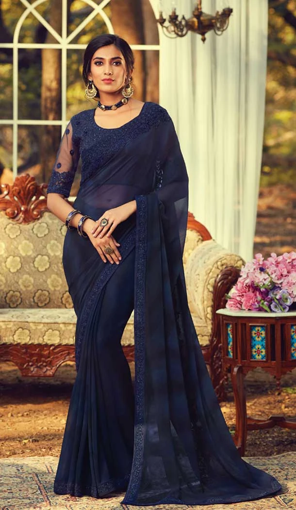 Navy Blue Color Niloferry Georgette Designer Party Wear Saree Blouse -9237109413