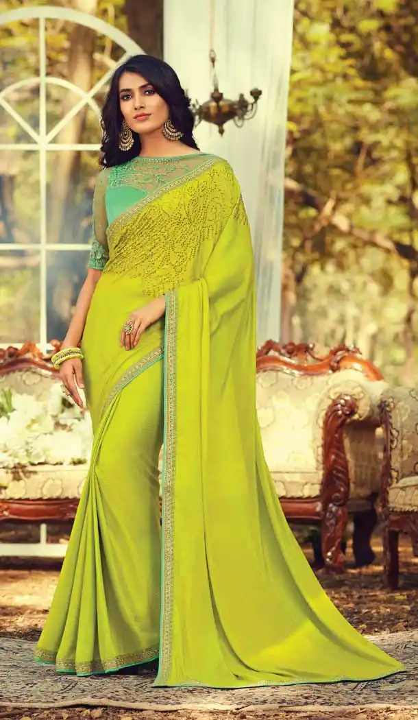 Lemon Color Navratna Silk Designer Party Wear Saree Blouse -9237109416