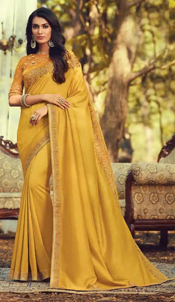 Musterd Color Navratna Silk Designer Party Wear Saree Blouse -9237109419