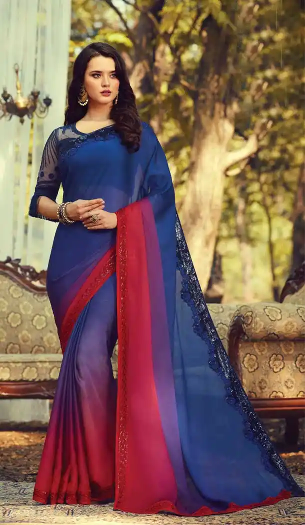 Multi Color Burberry Silk Designer Party Wear Saree Blouse -9237109420