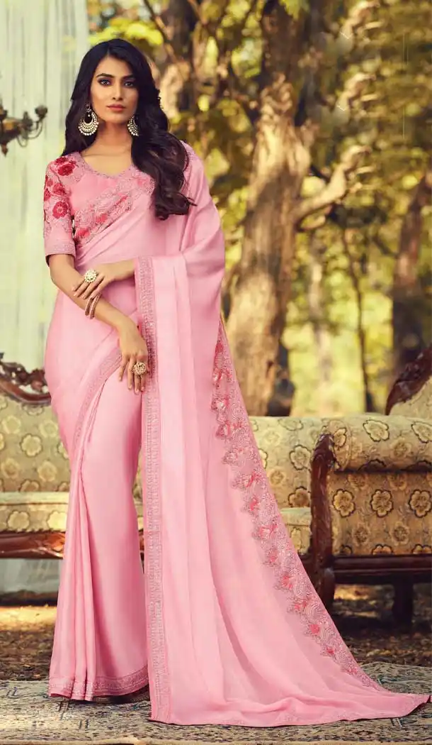 Light Pink Color Sunlight Silk Designer Party Wear Saree Blouse -9237109422