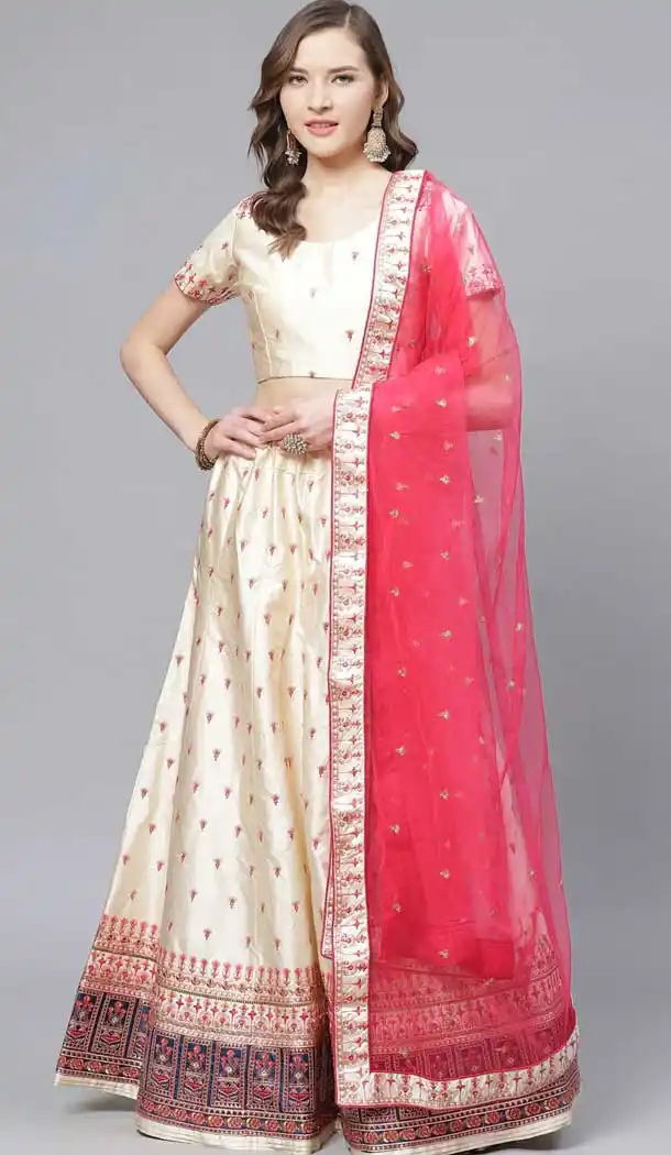 Alluring Cream Color Satin Embroidery Designer Party Wear Lehenga Choli -9238109423