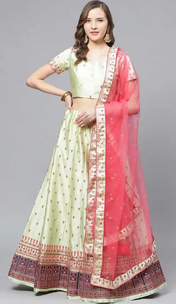 Classy Light Green Color Satin Embroidery Designer Party Wear Lehenga Choli -9238109424