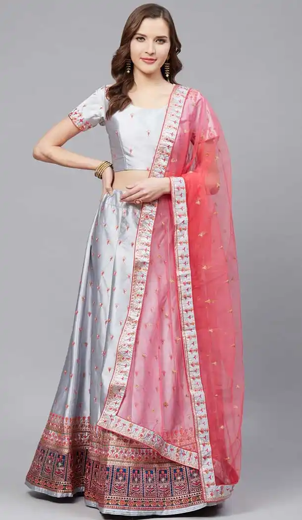 Chic Grey Color Satin Embroidery Designer Party Wear Lehenga Choli -9238109425