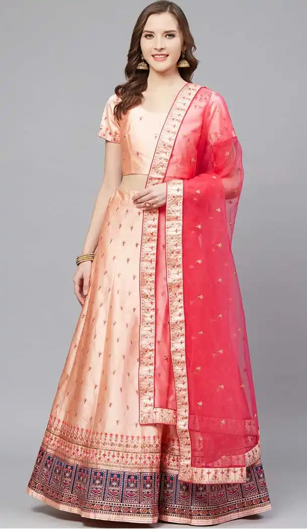Ethnic Peach Color Satin Embroidery Designer Party Wear Lehenga Choli -9238109426
