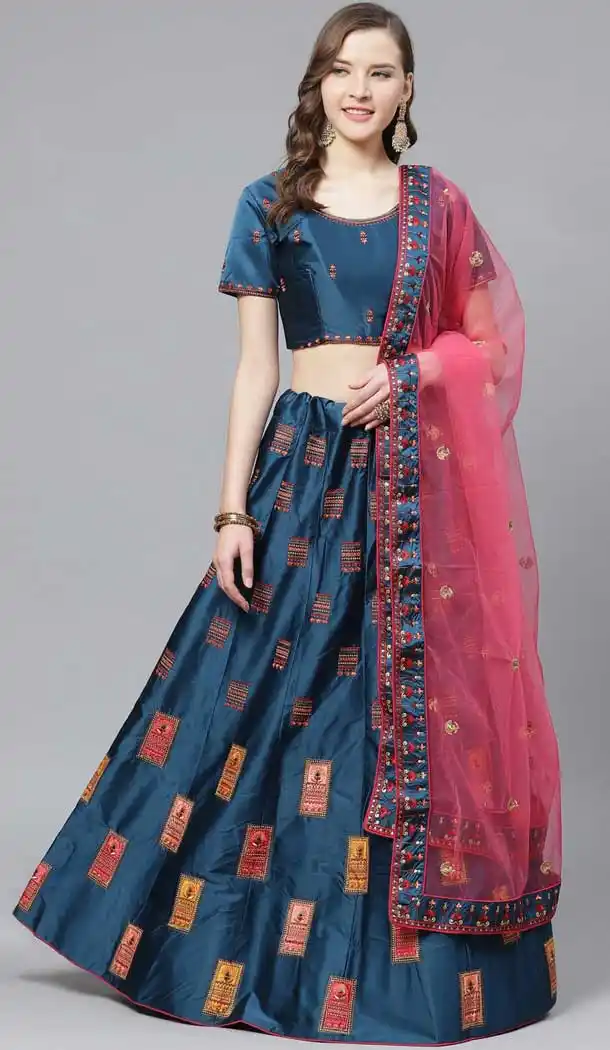 Alluring Blue Color Satin Embroidery Designer Party Wear Lehenga Choli -9238109427