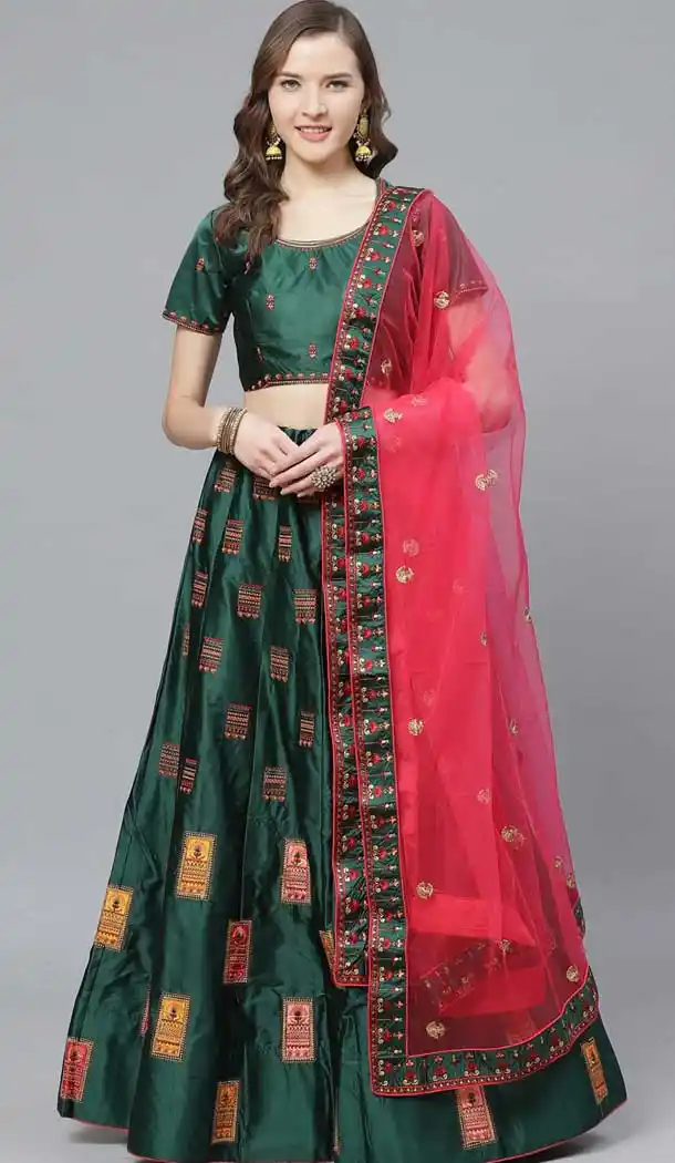 Majesty Green Color Satin Embroidery Designer Party Wear Lehenga Choli -9238109428