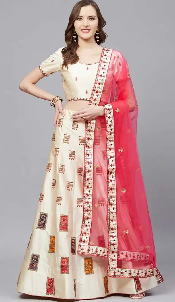 Off White Color Satin Embroidery Designer Party Wear Lehenga Choli -9238109430
