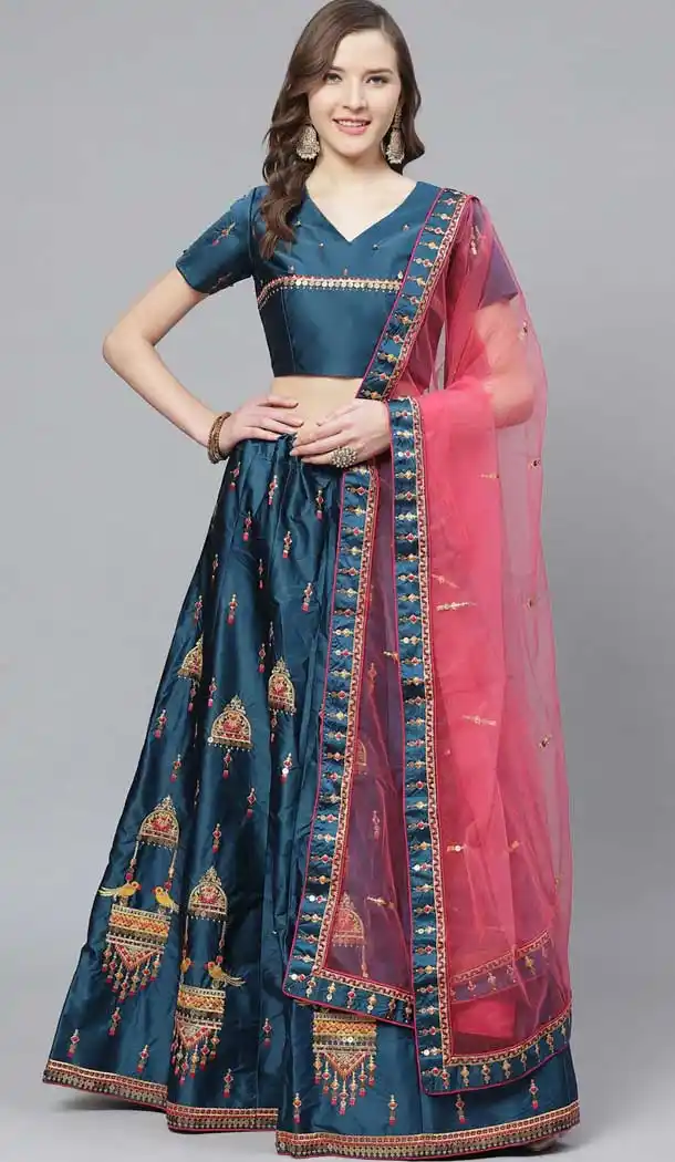 Charming Blue Color Satin Embroidery Designer Party Wear Lehenga Choli -9238109431