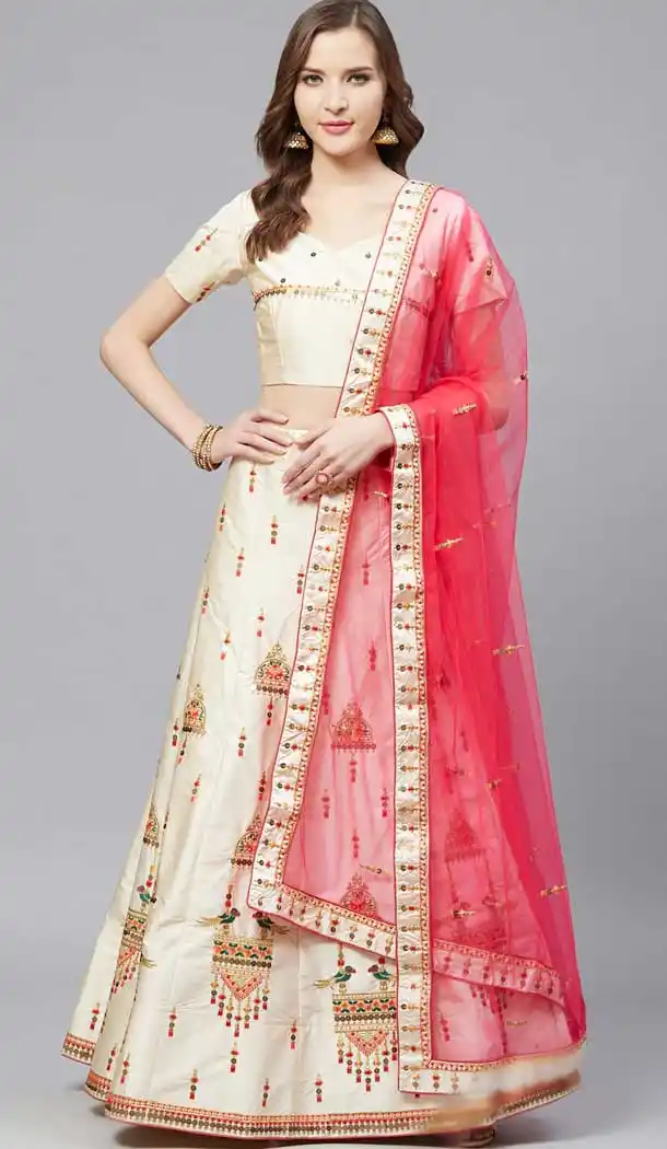 Cream Color Satin Embroidery Designer Party Wear Lehenga Choli -9238109432