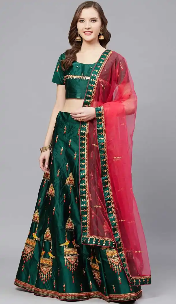 Green Color Satin Embroidery Designer Party Wear Lehenga Choli -9238109433