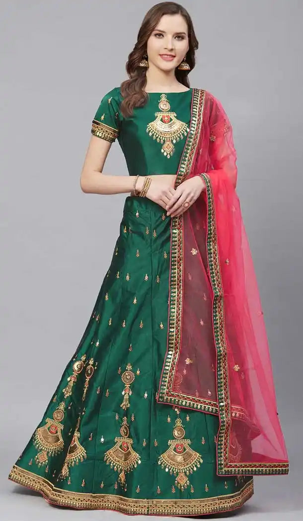 Green Color Satin Embroidery Designer Party Wear Lehenga Choli -9238109437