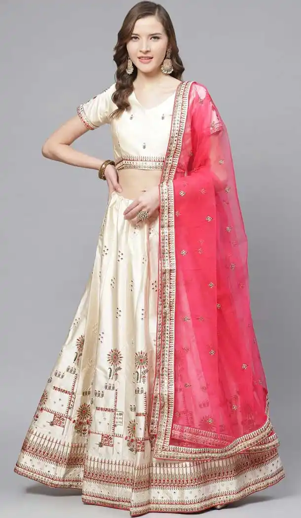 Cream Color Satin Embroidery Designer Party Wear Lehenga Choli -9238109440