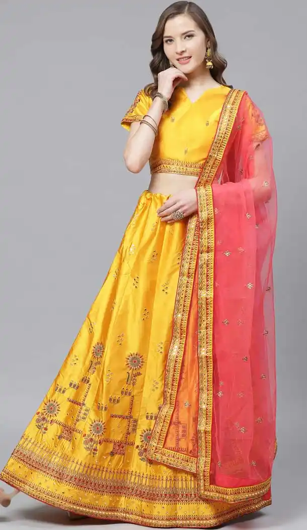 Trendy Mustard Color Satin Embroidery Designer Party Wear Lehenga Choli -9238109442