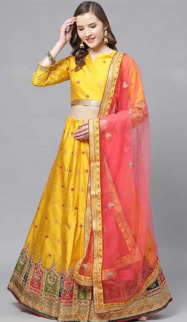 Mustard Color Silk Blend Embroidery Designer Party Wear Lehenga Choli -9238109445