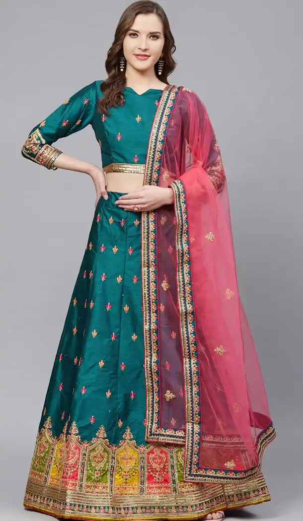 Turquoise Color Silk Blend Embroidery Designer Party Wear Lehenga Choli -9238109446