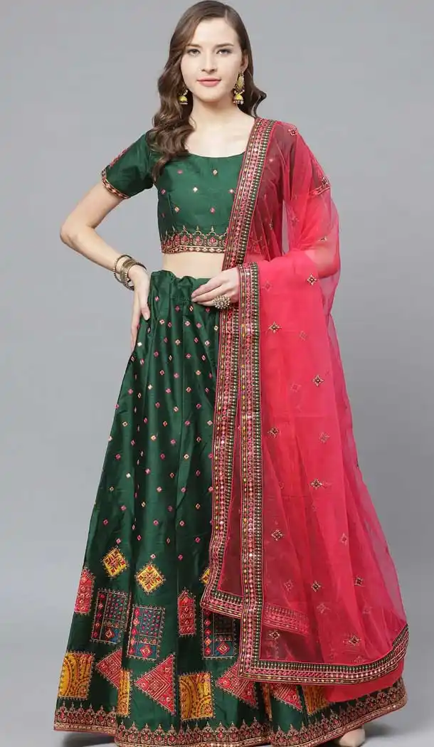 Green Color Silk Blend Embroidery Designer Party Wear Lehenga Choli -9238109451