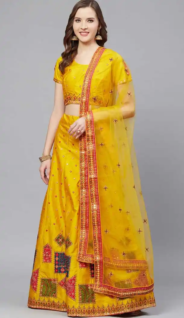 Elegance Mustard Color Silk Blend Embroidery Designer Party Wear Lehenga Choli -9238109452