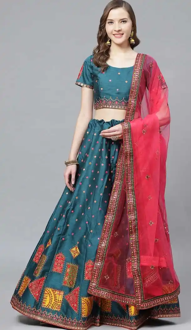 Turquoise Color Silk Blend Embroidery Designer Party Wear Lehenga Choli -9238109454