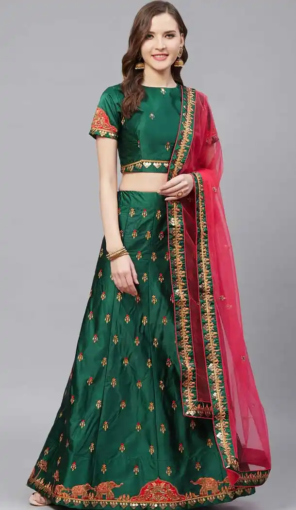 Green Color Satin Embroidery Designer Party Wear Lehenga Choli -9238109456