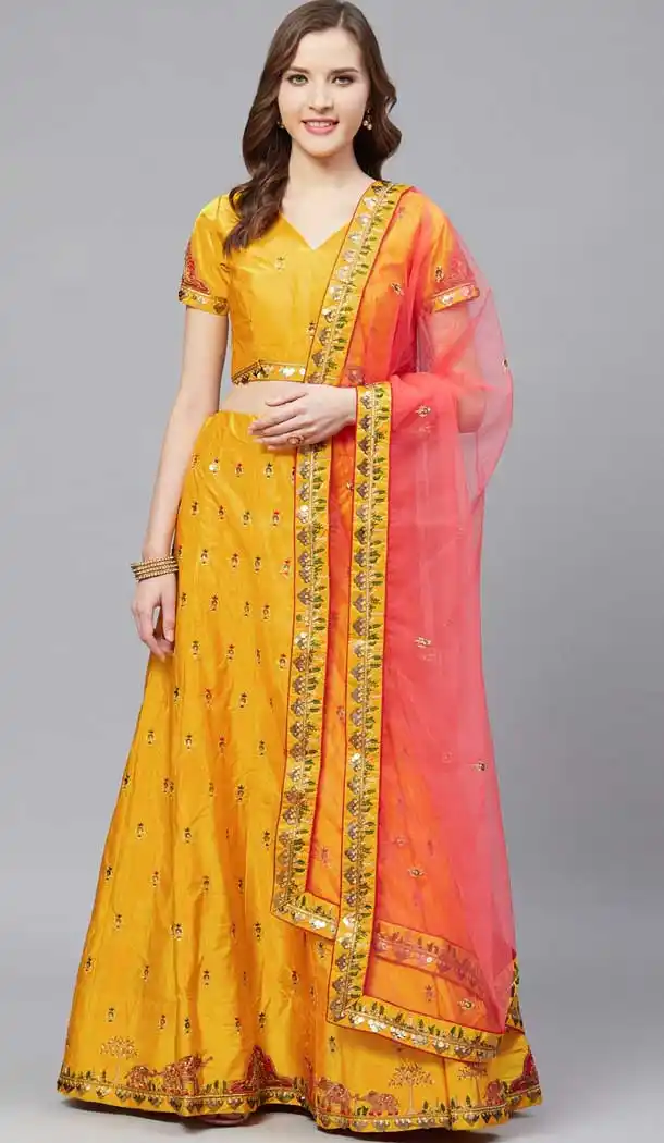 Mustard Color Satin Embroidery Designer Party Wear Lehenga Choli -9238109457